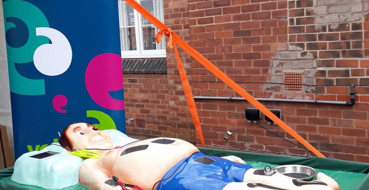 Male sized toy lying on a table with a banner in the background