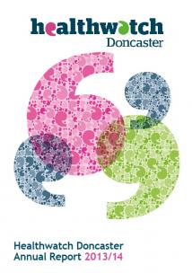 Magnifying glass with text Healthwatch Doncaster Annual Report 2013/14
